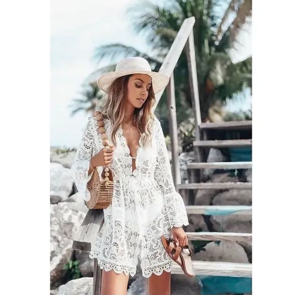 Boho White Lace V Neck Long Sleeve Cover Up - Picture 4 of 7